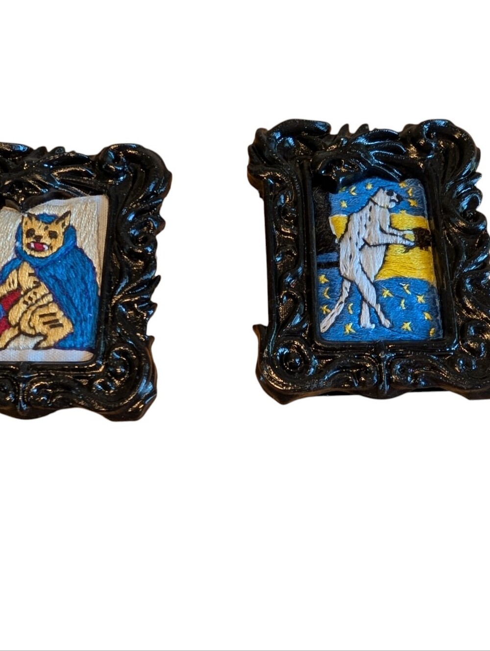Handmade Embroidery Magnets Medieval Cats, Black Dragon Frame, 2.5 X 3.25 Inch